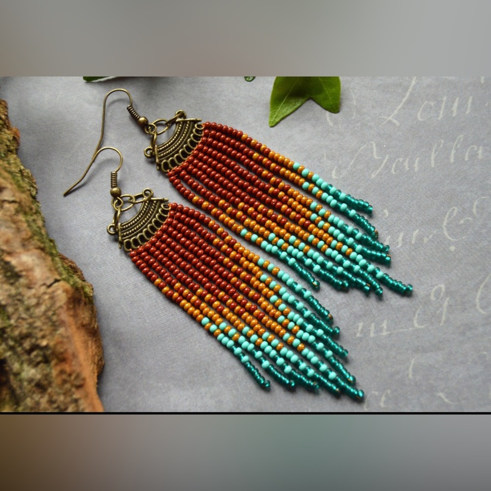 🟠 BEAUTIFUL MULTI COLOR SEED BEAD LONG FRINGE EARRINGS 🟠